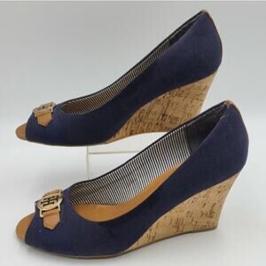 Tommy Hilfiger Navy peep toe wedges with gold accent summer preppy size 10